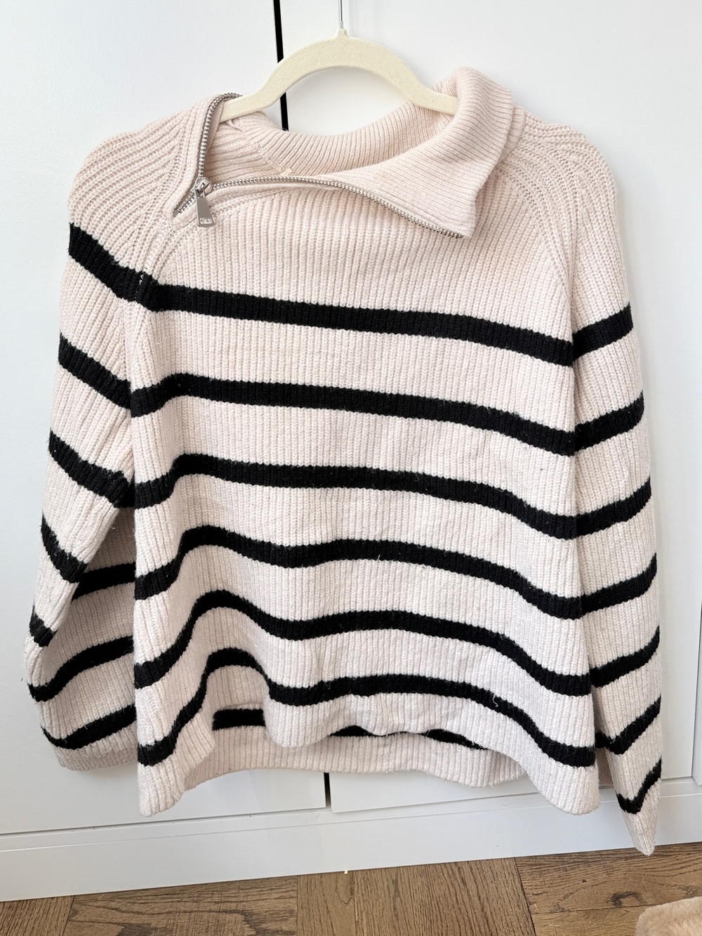 Zara Pink & Black Striped Zip-Neck Sweater